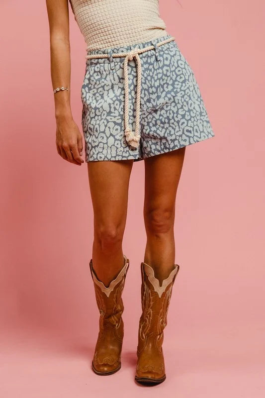 BiBi Rope Belt Leopard Shorts - LEOPARD DENIM / S