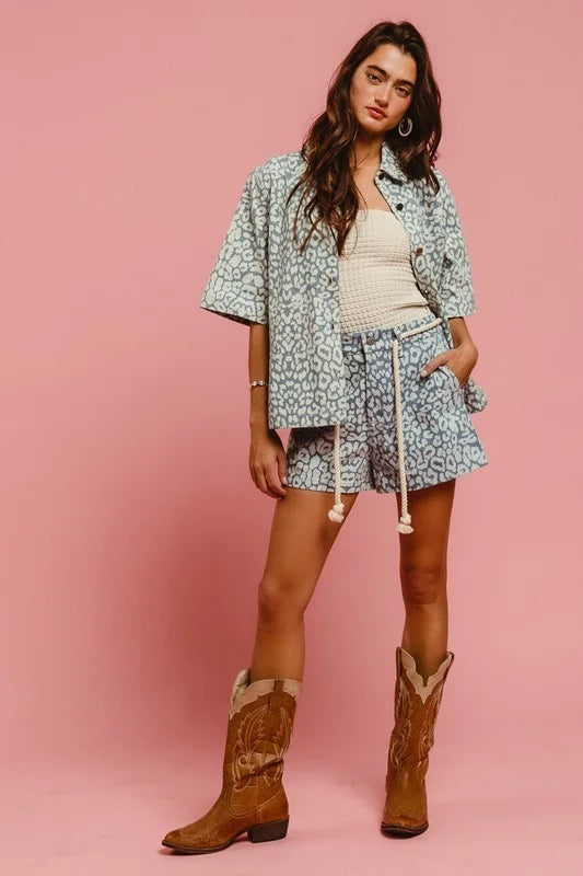 BiBi Rope Belt Leopard Shorts - LEOPARD DENIM / S