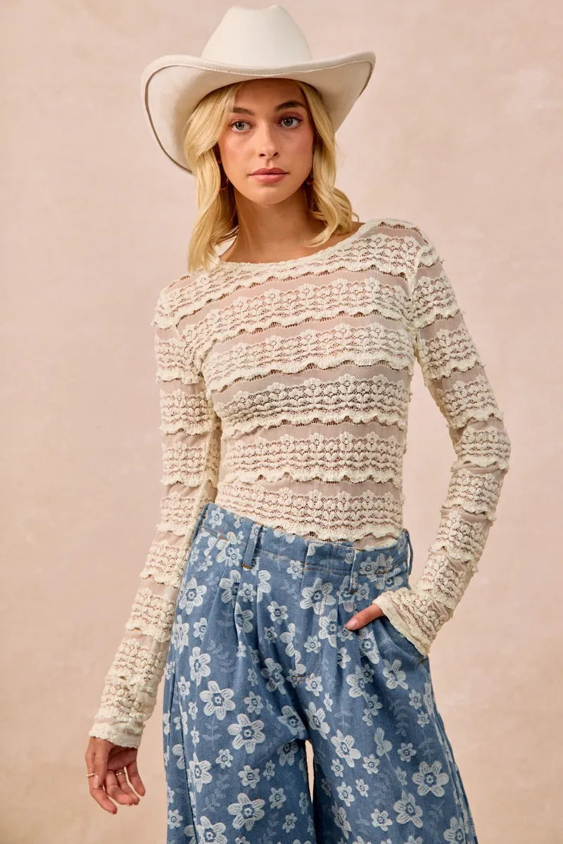 BiBi Ruffles Detail Flower Lace Top - Cream - CREAM / S