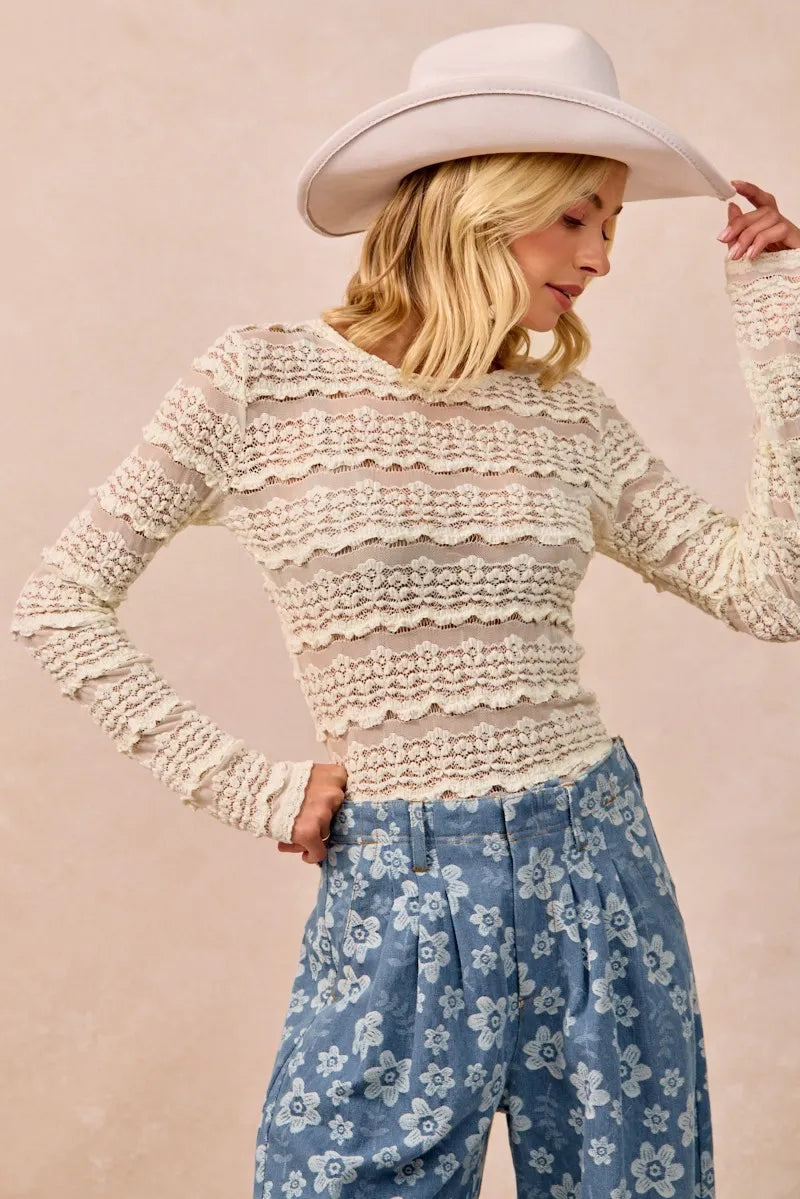 BiBi Ruffles Detail Flower Lace Top - Cream - CREAM / S