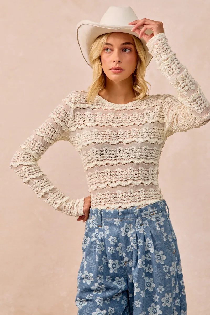 BiBi Ruffles Detail Flower Lace Top - Cream - CREAM / S