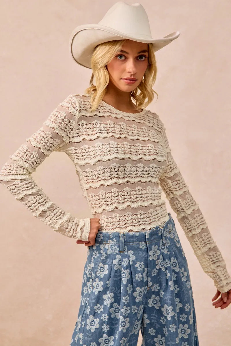 BiBi Ruffles Detail Flower Lace Top - Cream - CREAM / S