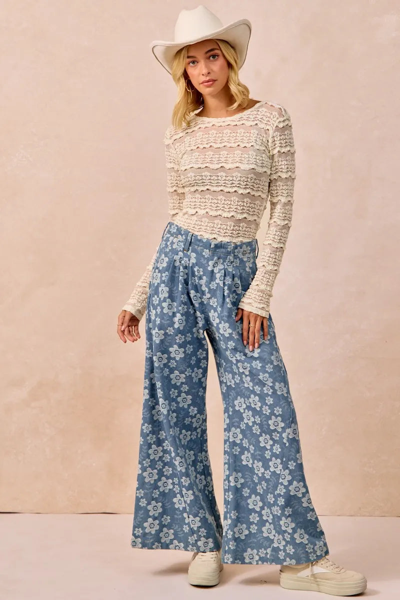 BiBi Ruffles Detail Flower Lace Top - Cream - CREAM / S