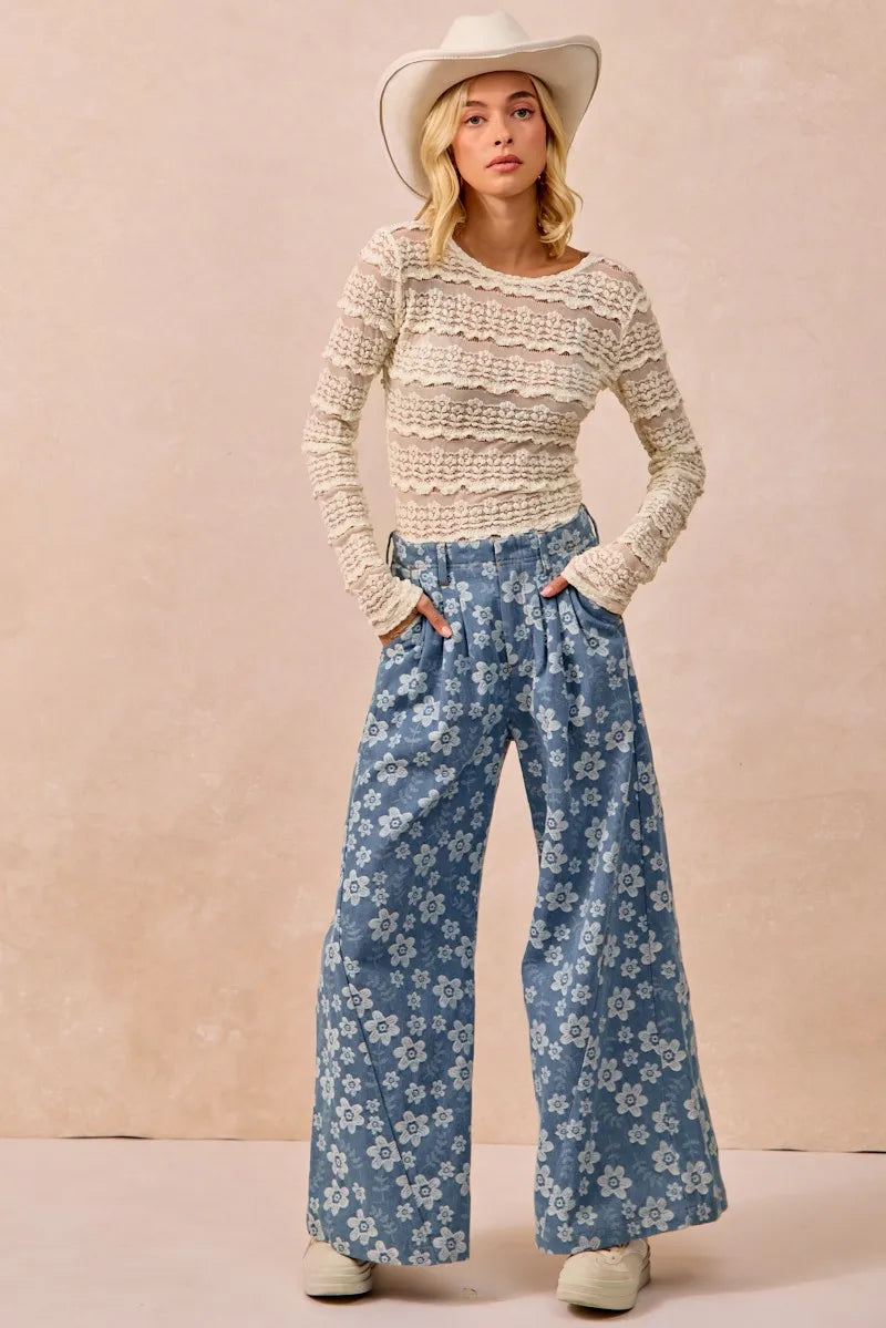 BiBi Ruffles Detail Flower Lace Top - Cream - CREAM / S