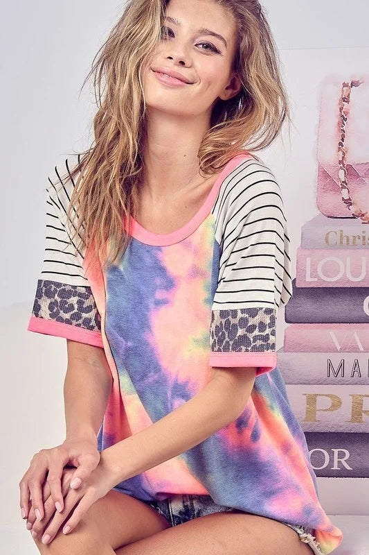 BiBi Tie Dye French Terry Top With Stripe Raglan - TIE DYE / S