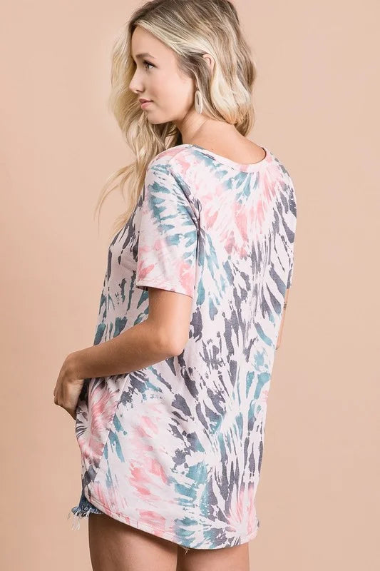 BiBi Tie Dye Print Terry Deep U Neck Top - TIE DYE / S