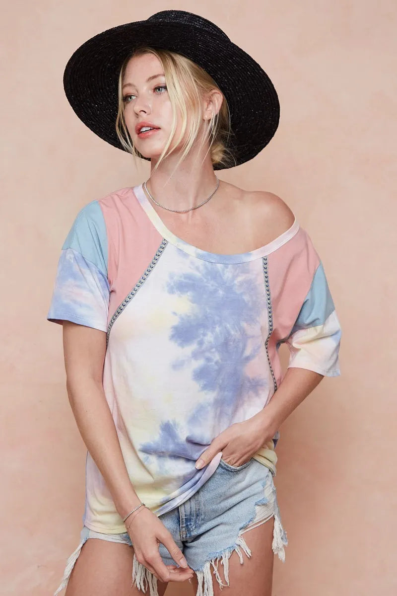 BiBi Tie Dye Printed Cotton Color Block T-Shirt - PINK/BLUE COMBO / S
