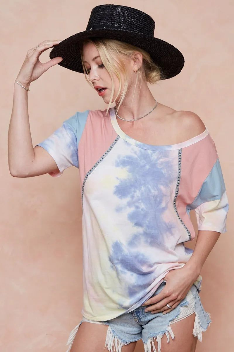 BiBi Tie Dye Printed Cotton Color Block T-Shirt - PINK/BLUE COMBO / S