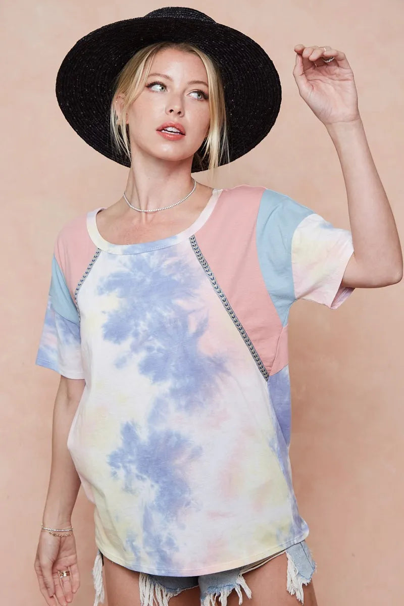 BiBi Tie Dye Printed Cotton Color Block T-Shirt - PINK/BLUE COMBO / S