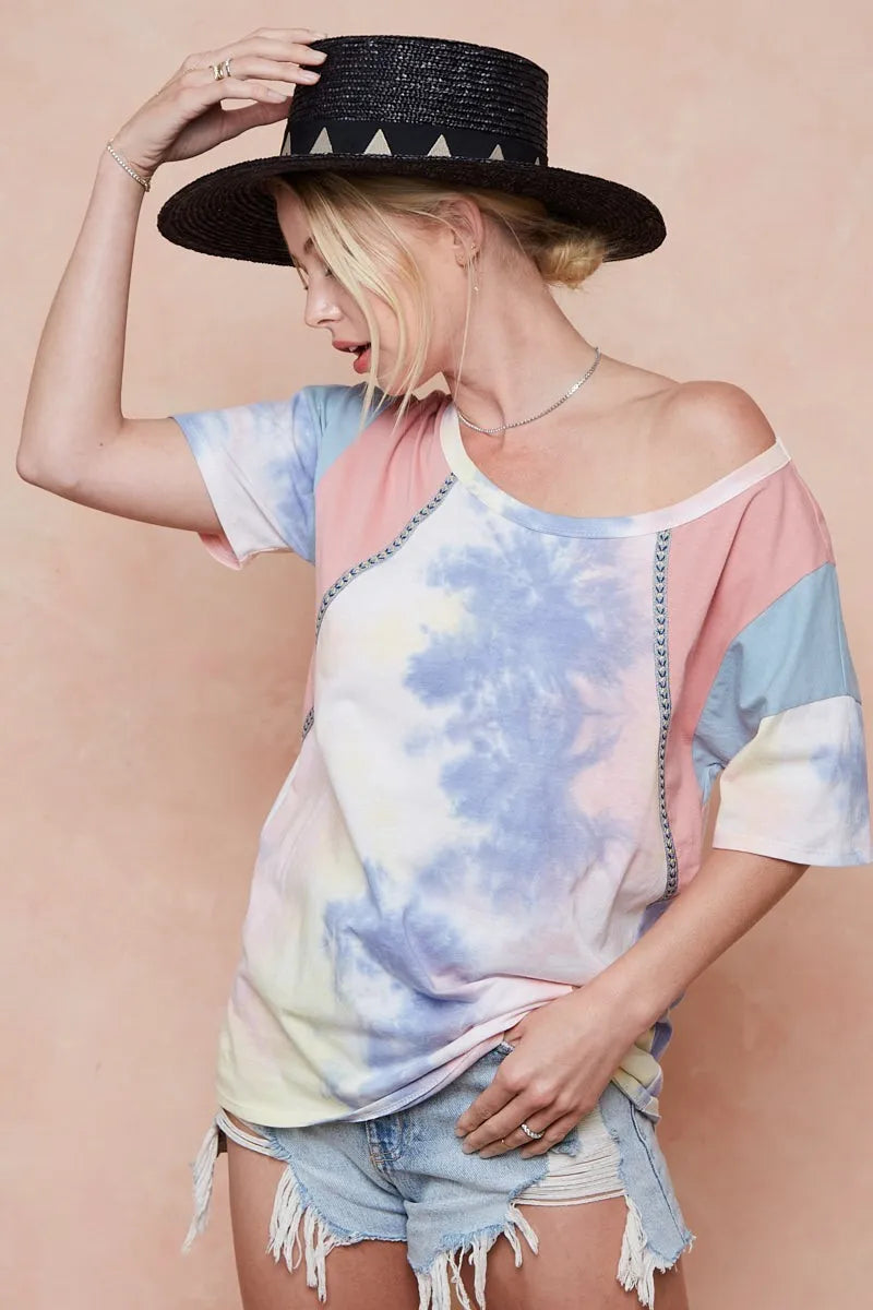 BiBi Tie Dye Printed Cotton Color Block T-Shirt - PINK/BLUE COMBO / S