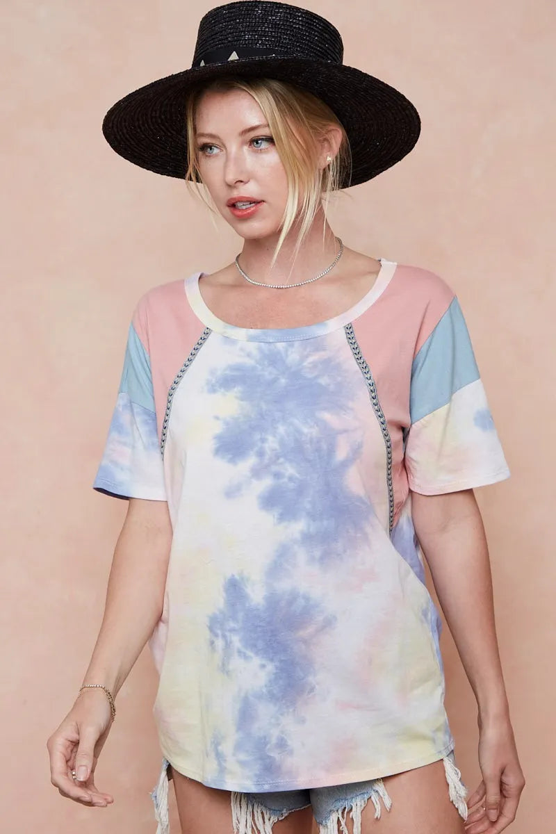 BiBi Tie Dye Printed Cotton Color Block T-Shirt - PINK/BLUE COMBO / S