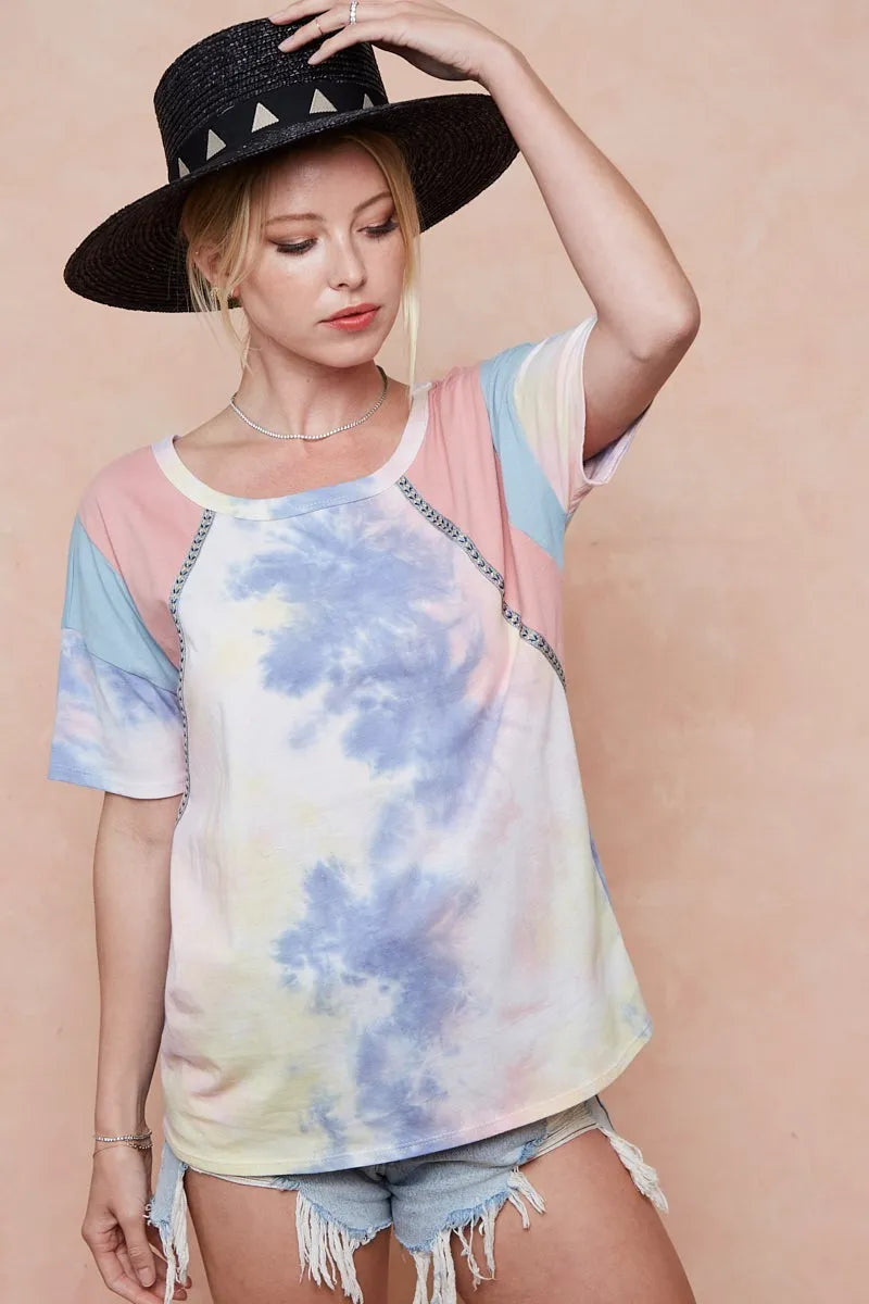 BiBi Tie Dye Printed Cotton Color Block T-Shirt - PINK/BLUE COMBO / S