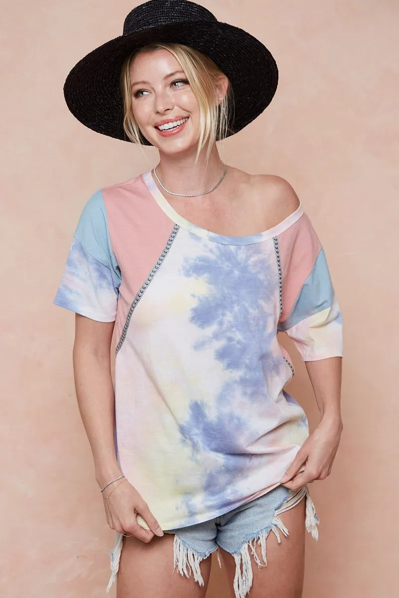 BiBi Tie Dye Printed Cotton Color Block T-Shirt - PINK/BLUE COMBO / S