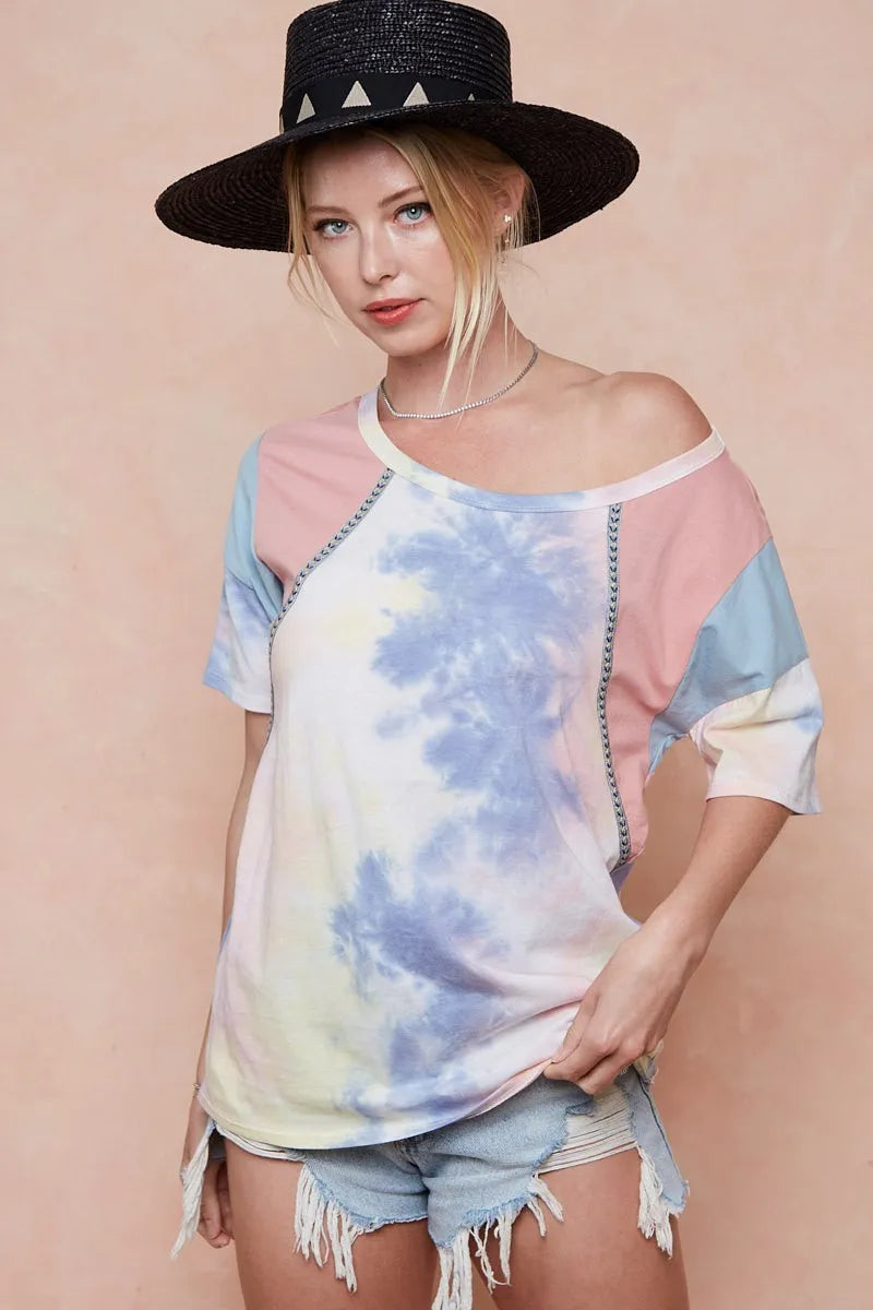 BiBi Tie Dye Printed Cotton Color Block T-Shirt - PINK/BLUE COMBO / S