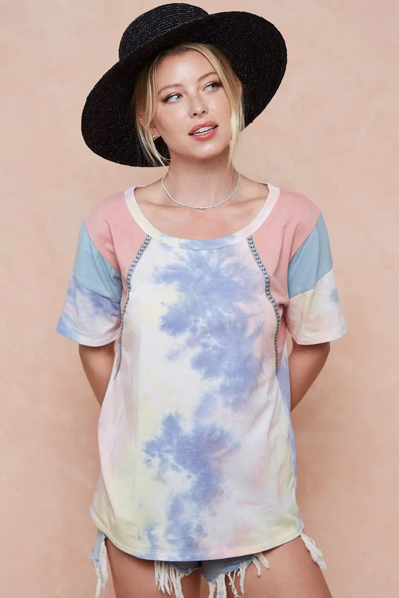 BiBi Tie Dye Printed Cotton Color Block T-Shirt - PINK/BLUE COMBO / S