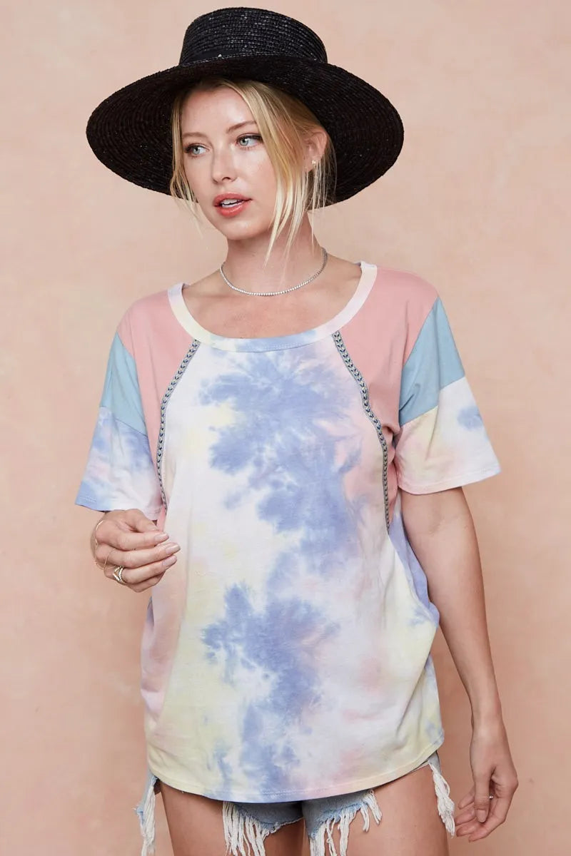 BiBi Tie Dye Printed Cotton Color Block T-Shirt - PINK/BLUE COMBO / S