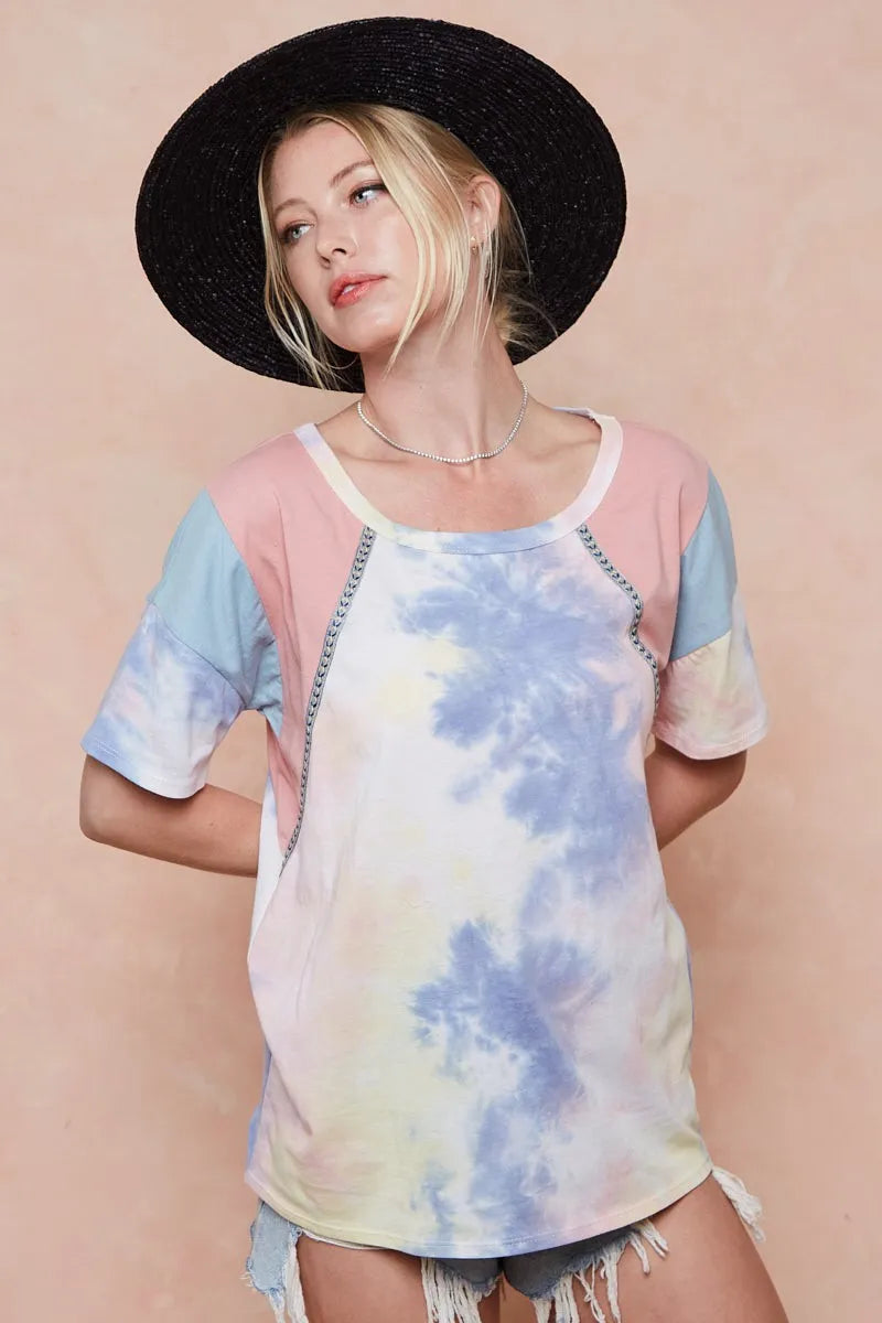 BiBi Tie Dye Printed Cotton Color Block T-Shirt - PINK/BLUE COMBO / S