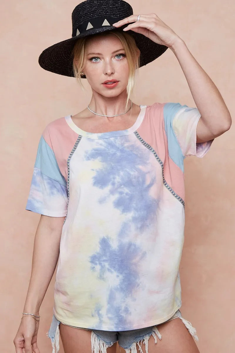 BiBi Tie Dye Printed Cotton Color Block T-Shirt - PINK/BLUE COMBO / S