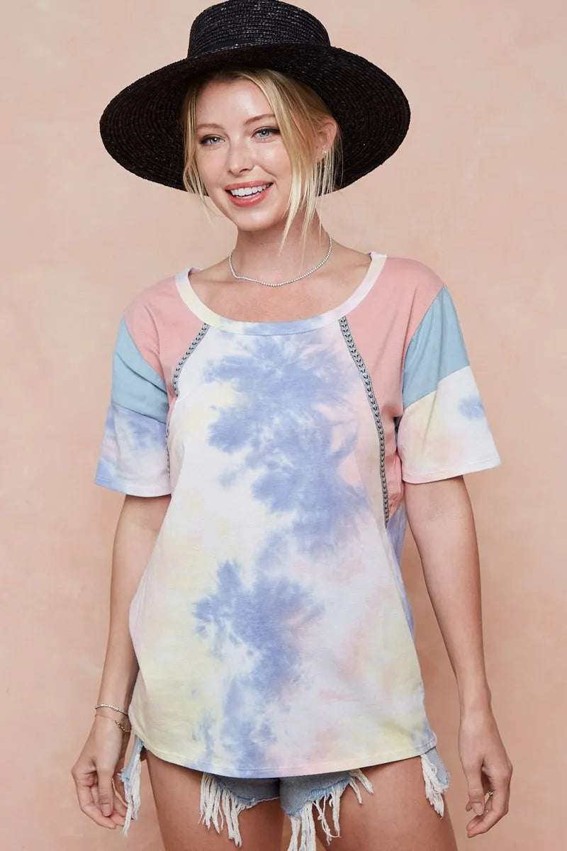 BiBi Tie Dye Printed Cotton Color Block T-Shirt - PINK/BLUE COMBO / S