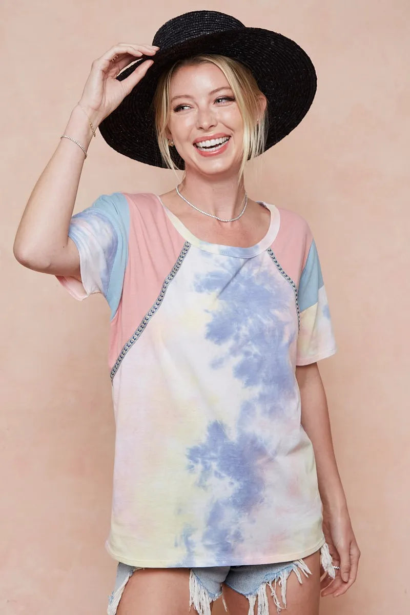 BiBi Tie Dye Printed Cotton Color Block T-Shirt - PINK/BLUE COMBO / S