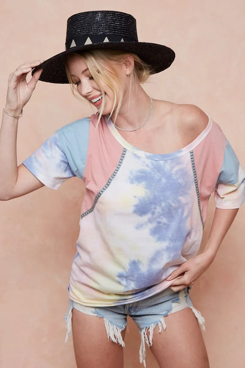 BiBi Tie Dye Printed Cotton Color Block T-Shirt - PINK/BLUE COMBO / S