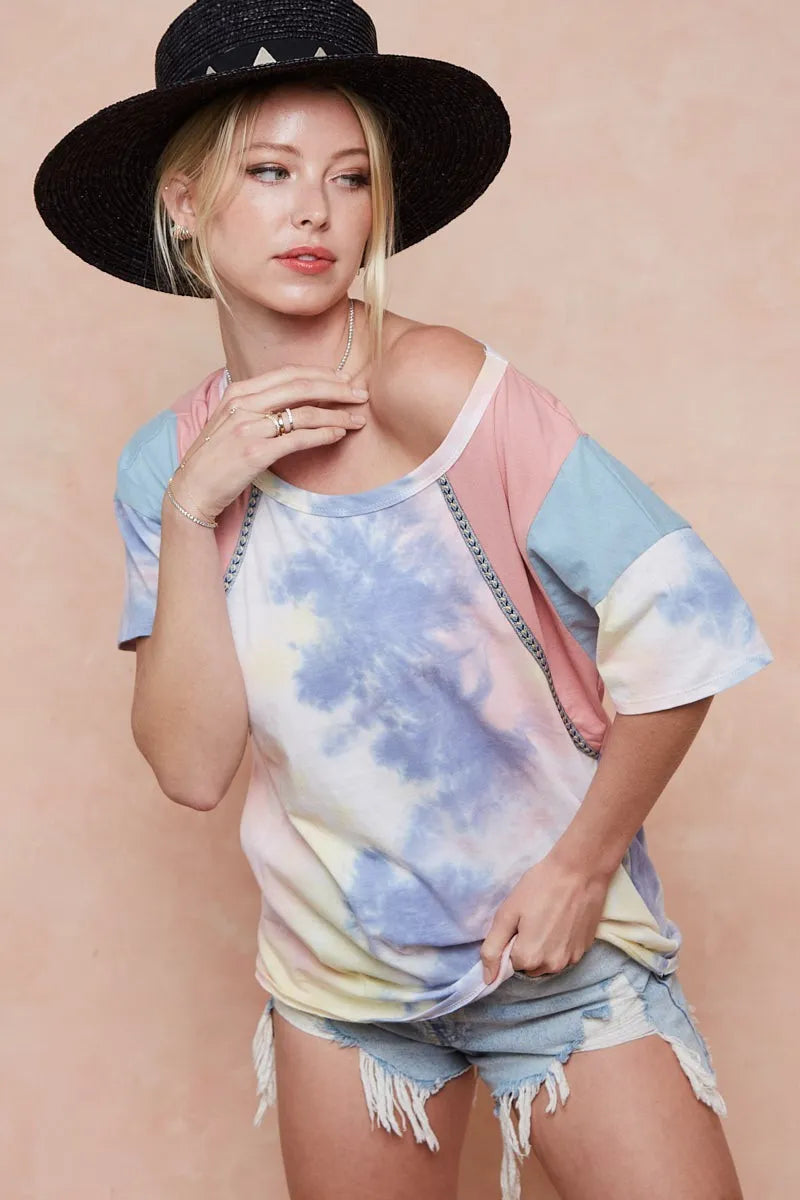 BiBi Tie Dye Printed Cotton Color Block T-Shirt - PINK/BLUE COMBO / S