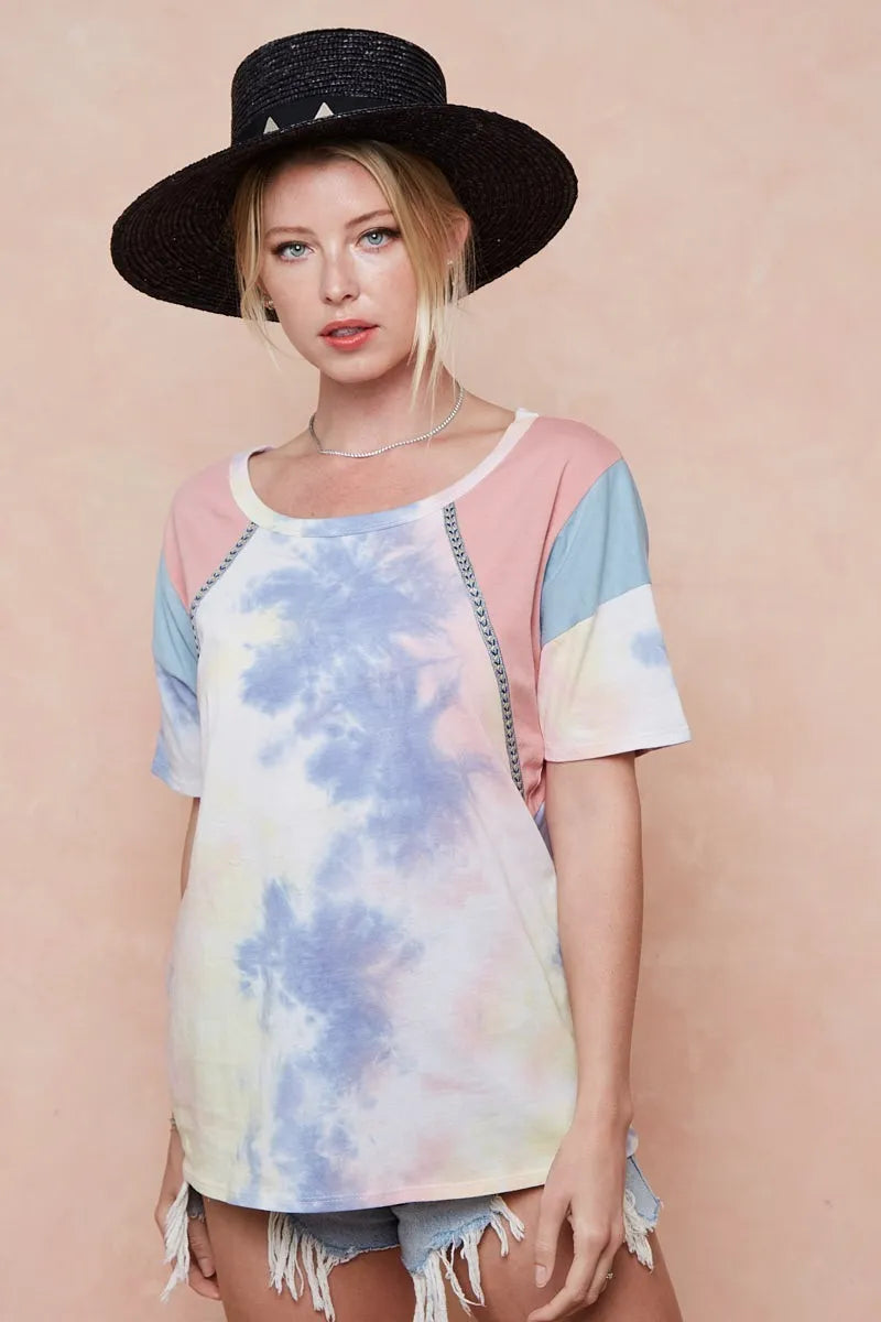 BiBi Tie Dye Printed Cotton Color Block T-Shirt - PINK/BLUE COMBO / S