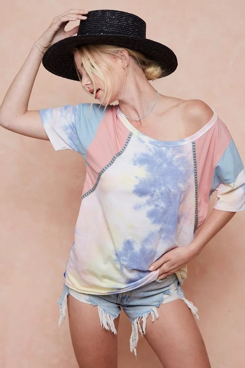 BiBi Tie Dye Printed Cotton Color Block T-Shirt - PINK/BLUE COMBO / S