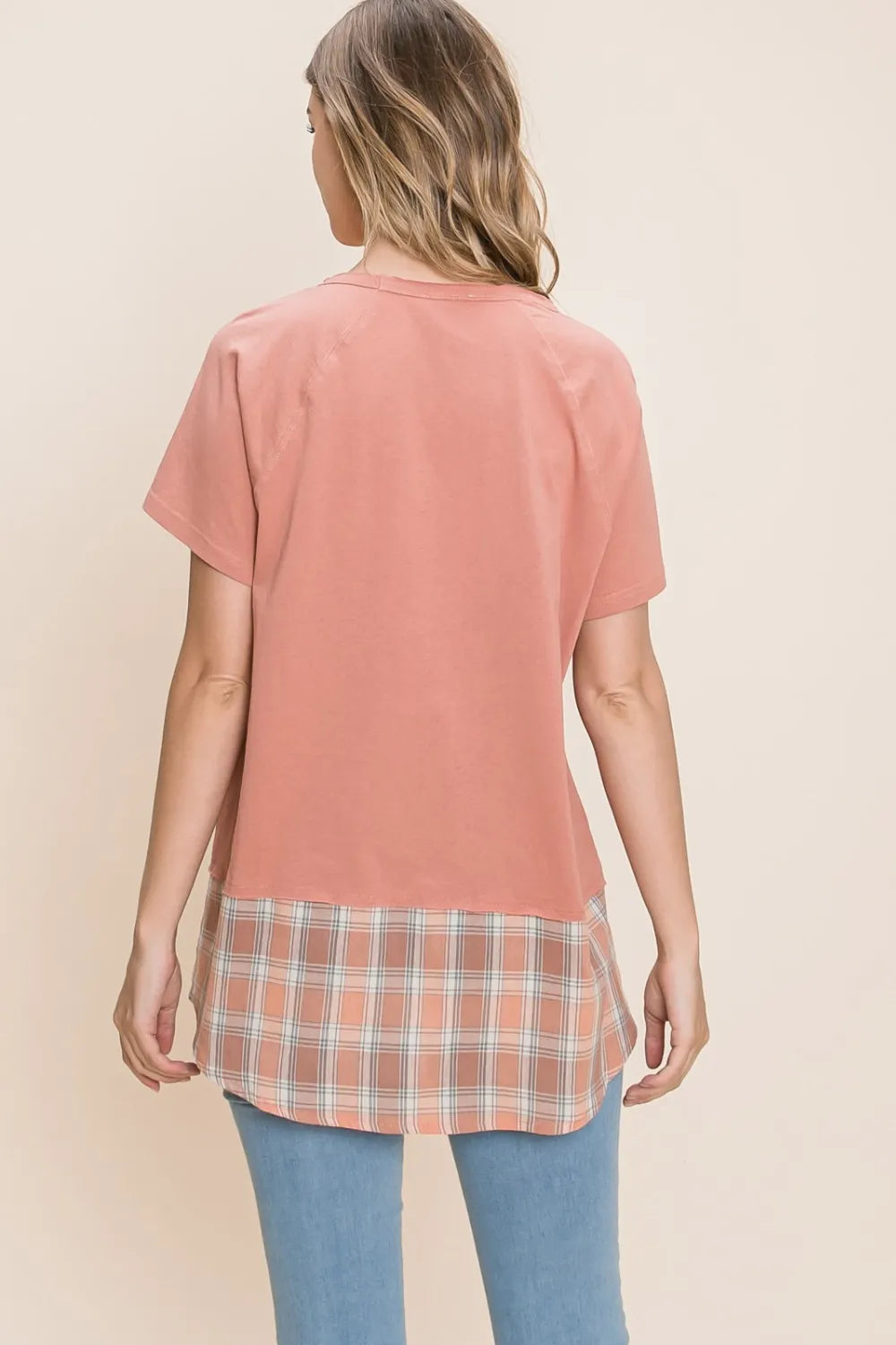 Cotton Bleu by Nu Lab Plaid Contrast Short Sleeve T-Shirt - Marsala / S