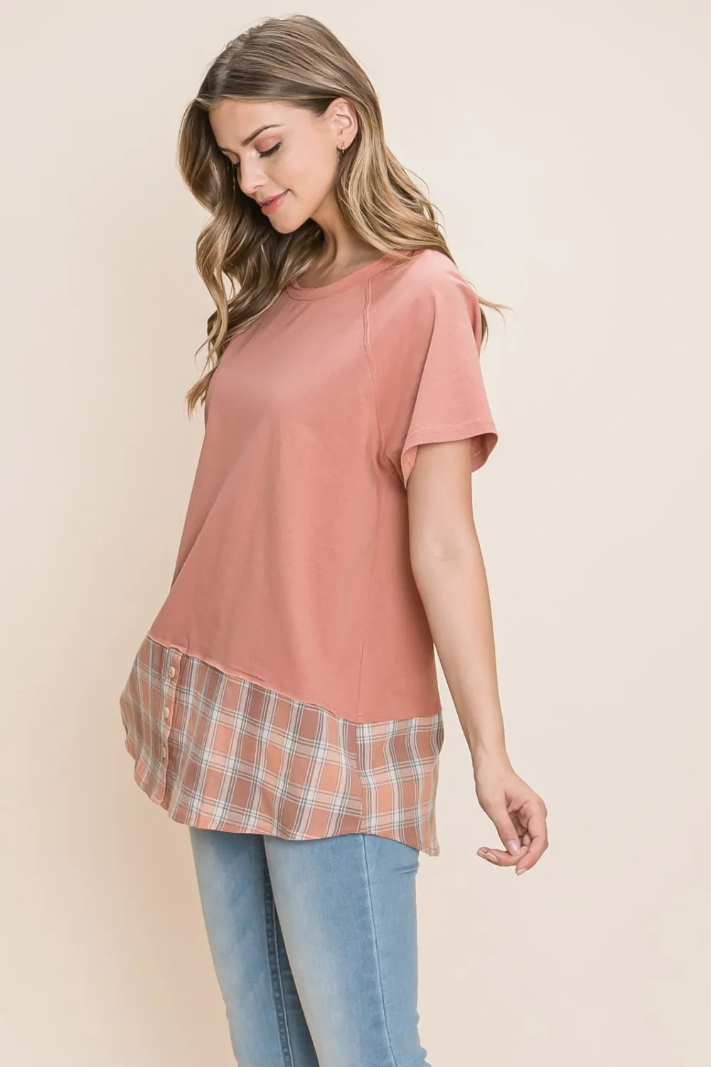 Cotton Bleu by Nu Lab Plaid Contrast Short Sleeve T-Shirt - Marsala / S
