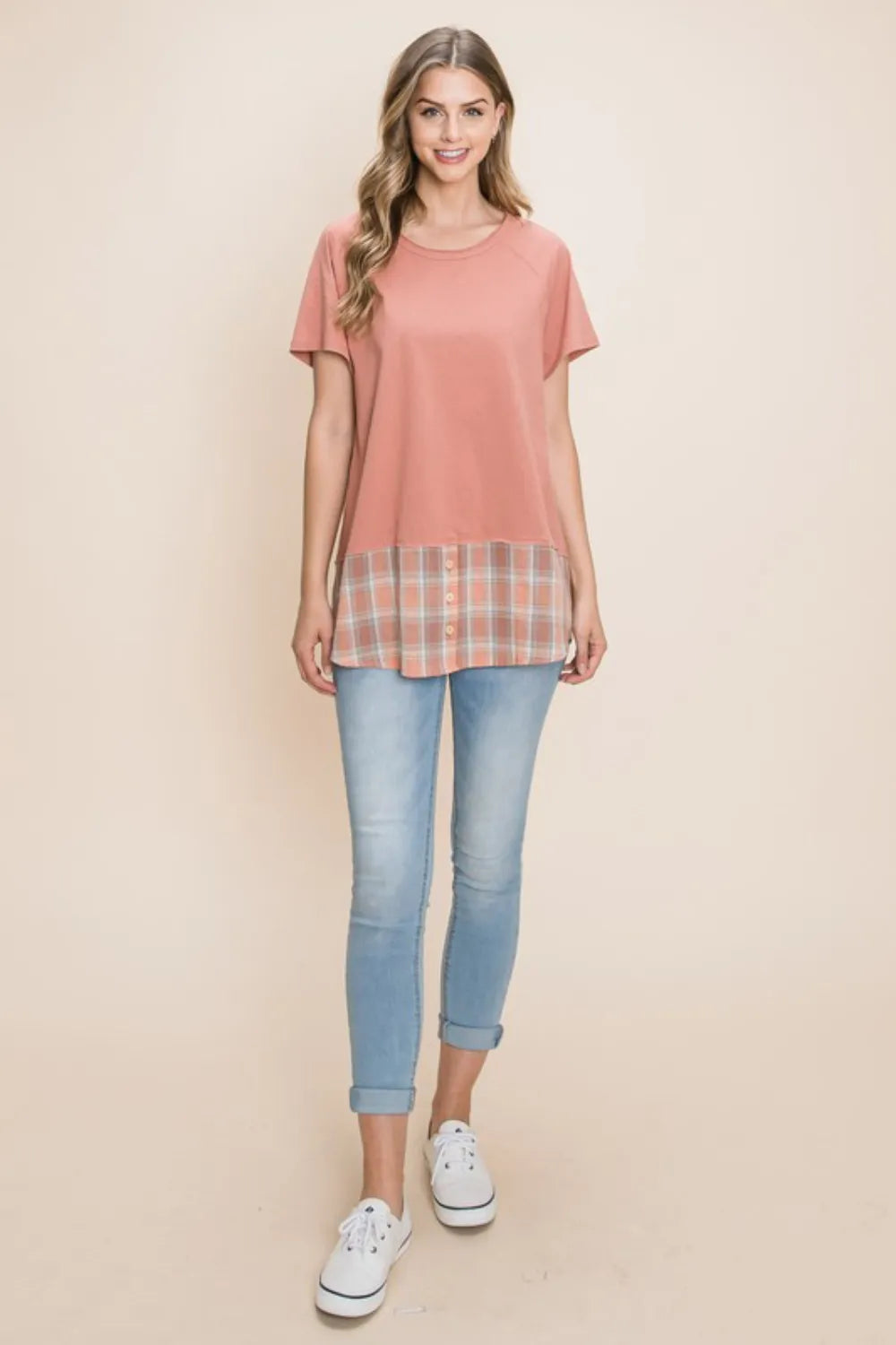Cotton Bleu by Nu Lab Plaid Contrast Short Sleeve T-Shirt - Marsala / S