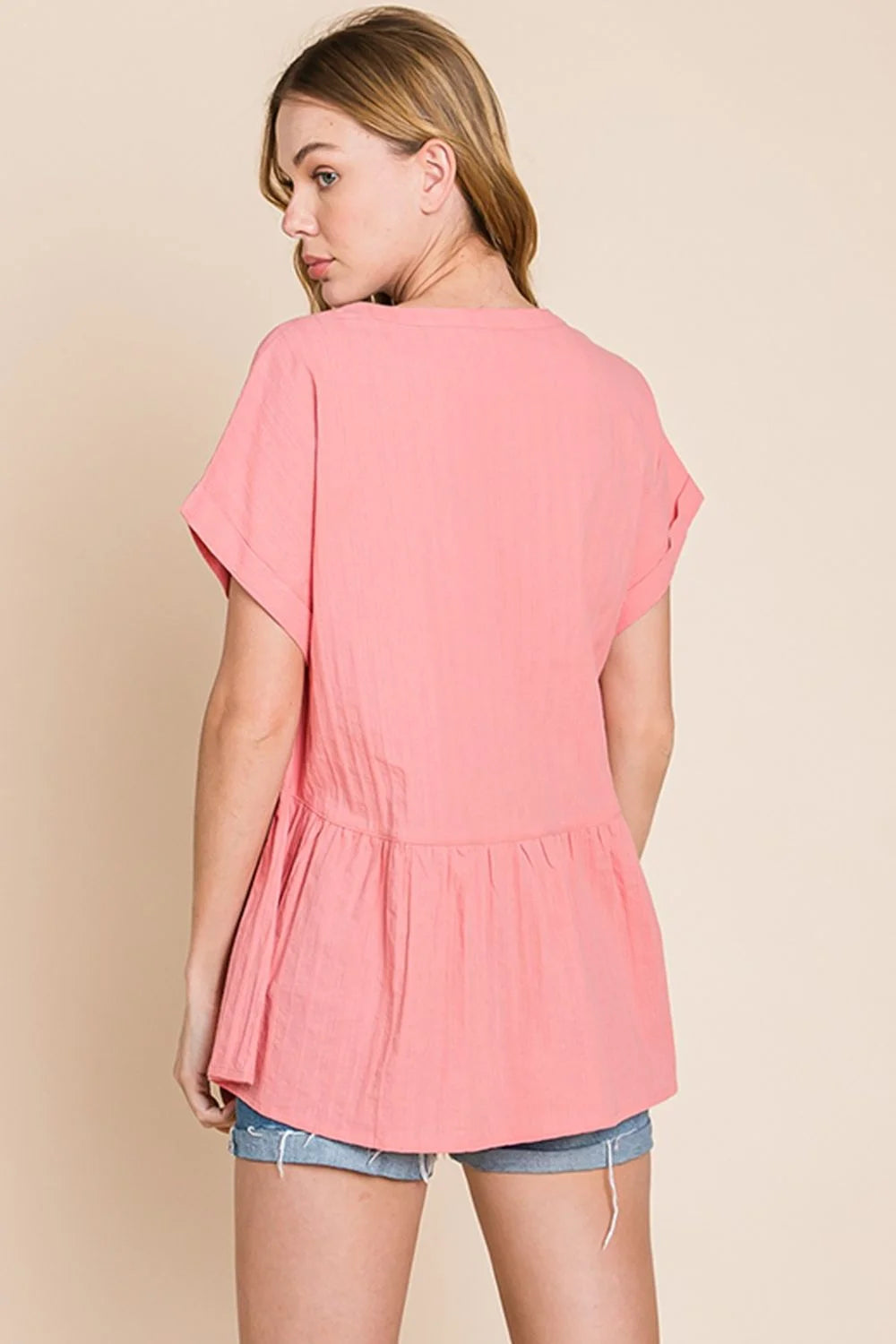 Cotton Bleu by Nu Label Notched Short Sleeve Peplum Top - Corel - Coral / S