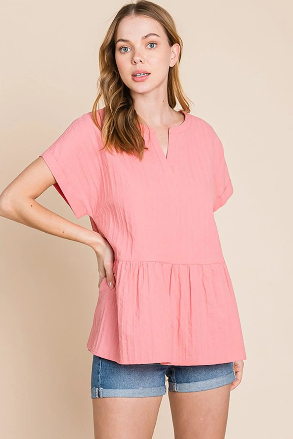 Cotton Bleu by Nu Label Notched Short Sleeve Peplum Top - Corel - Coral / S