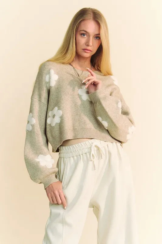 Davi & Dani Floral Drop Shoulder Cropped Sweater - Tan / S