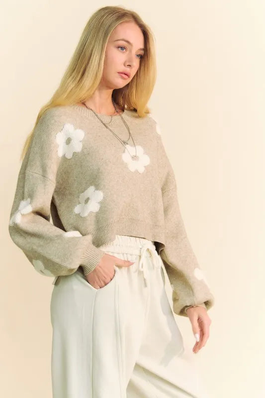 Davi & Dani Floral Drop Shoulder Cropped Sweater - Tan / S