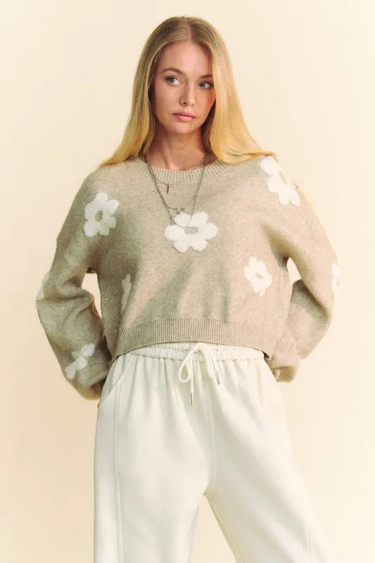 Davi & Dani Floral Drop Shoulder Cropped Sweater - Tan / S
