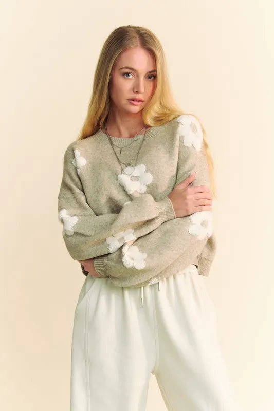 Davi & Dani Floral Drop Shoulder Cropped Sweater - Tan / S