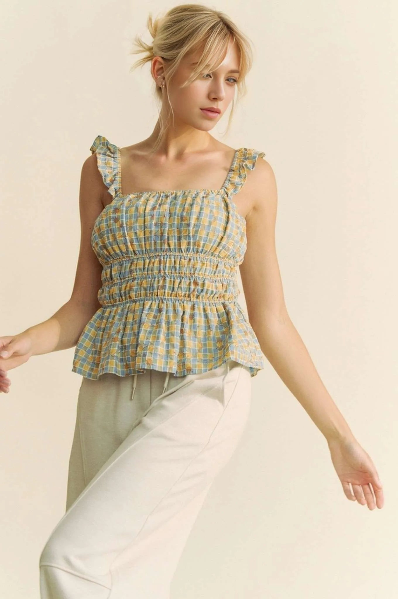 Davi & Dani Plaid Ruffled Strap Smocked Sleeveless Top - BLUE / S