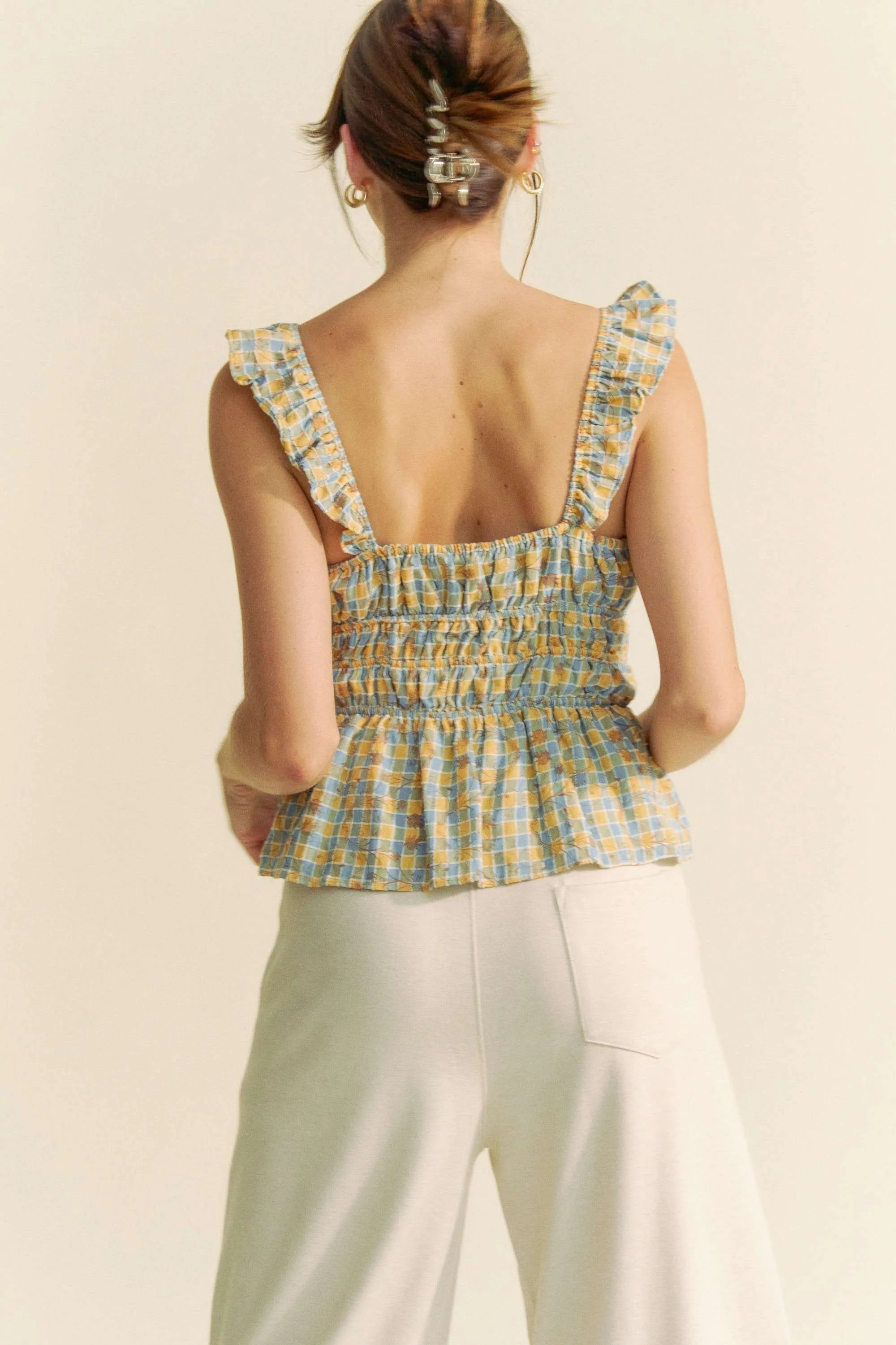 Davi & Dani Plaid Ruffled Strap Smocked Sleeveless Top - BLUE / S