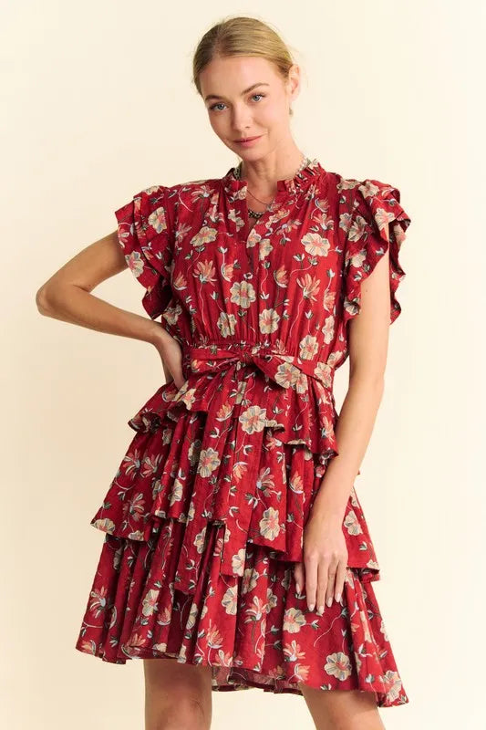Davi & Dani Ruffle Flutter Sleeve Tie Belt Tiered Mini Dress - Red / S