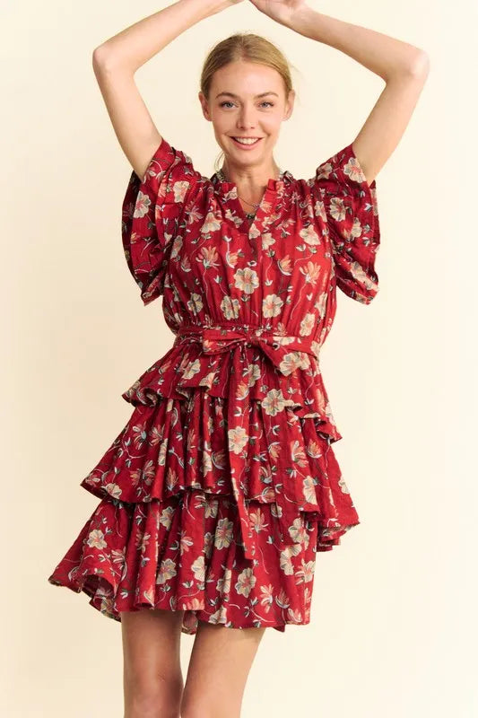 Davi & Dani Ruffle Flutter Sleeve Tie Belt Tiered Mini Dress - Red / S