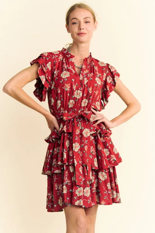 Davi & Dani Ruffle Flutter Sleeve Tie Belt Tiered Mini Dress - Red / S