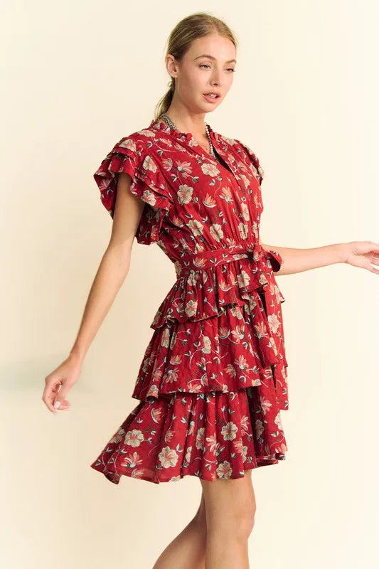 Davi & Dani Ruffle Flutter Sleeve Tie Belt Tiered Mini Dress - Red / S