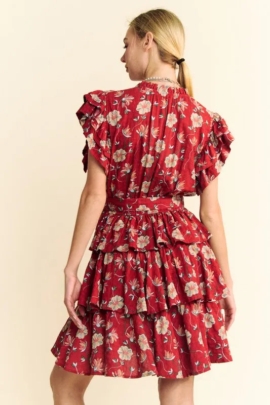 Davi & Dani Ruffle Flutter Sleeve Tie Belt Tiered Mini Dress - Red / S