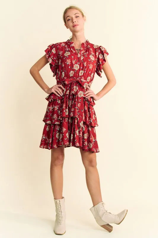 Davi & Dani Ruffle Flutter Sleeve Tie Belt Tiered Mini Dress - Red / S