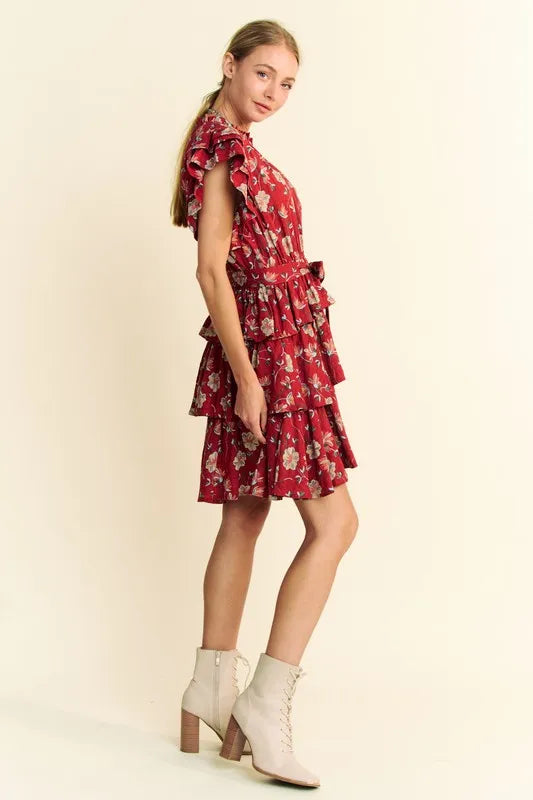 Davi & Dani Ruffle Flutter Sleeve Tie Belt Tiered Mini Dress - Red / S