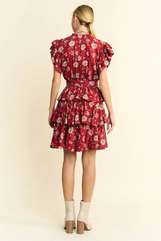 Davi & Dani Ruffle Flutter Sleeve Tie Belt Tiered Mini Dress - Red / S