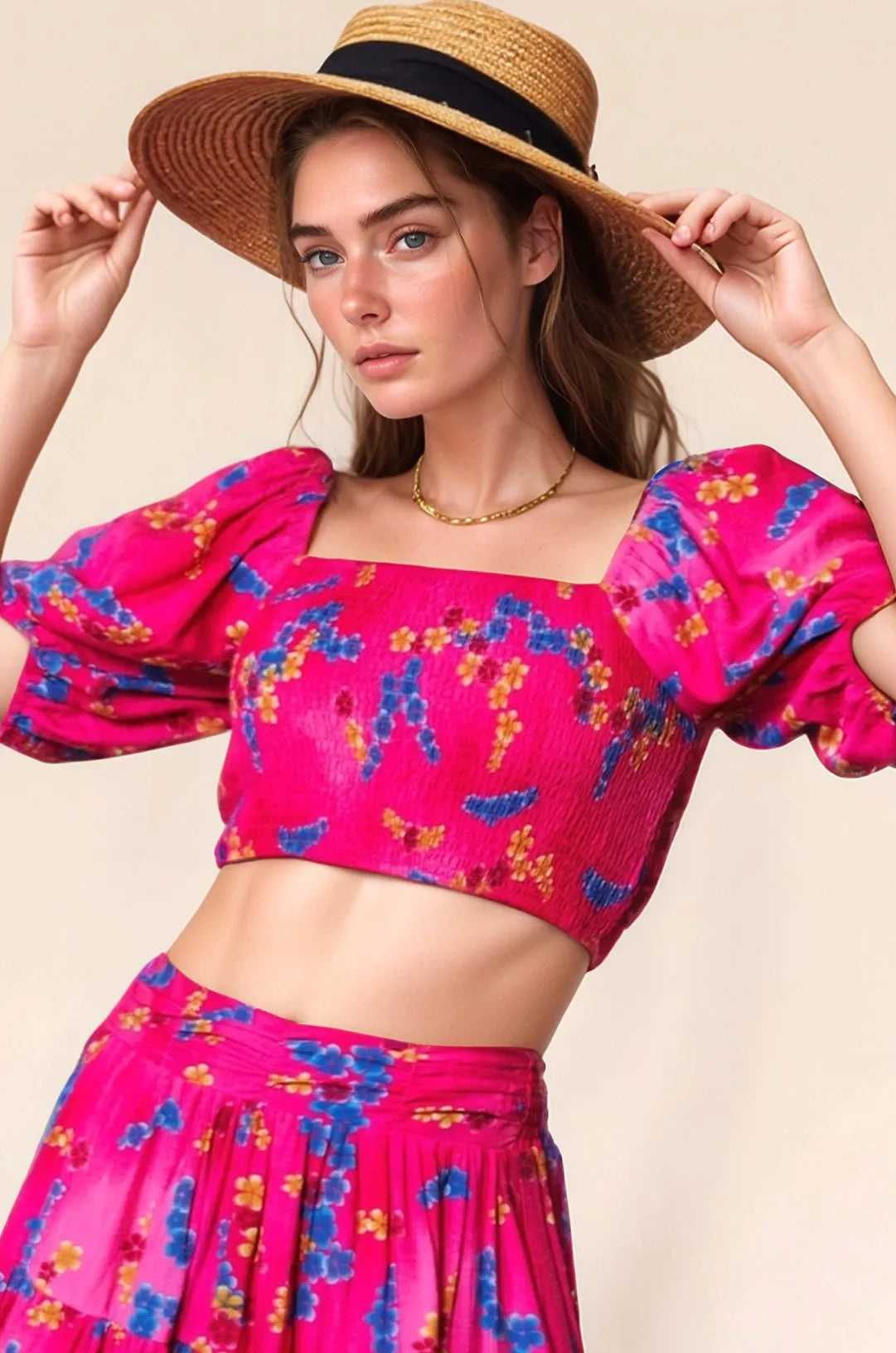 Davi & Dani Smocking Bodice Puff Short Sleeve Printed Crop Top - Pink - CANDY PINK / S