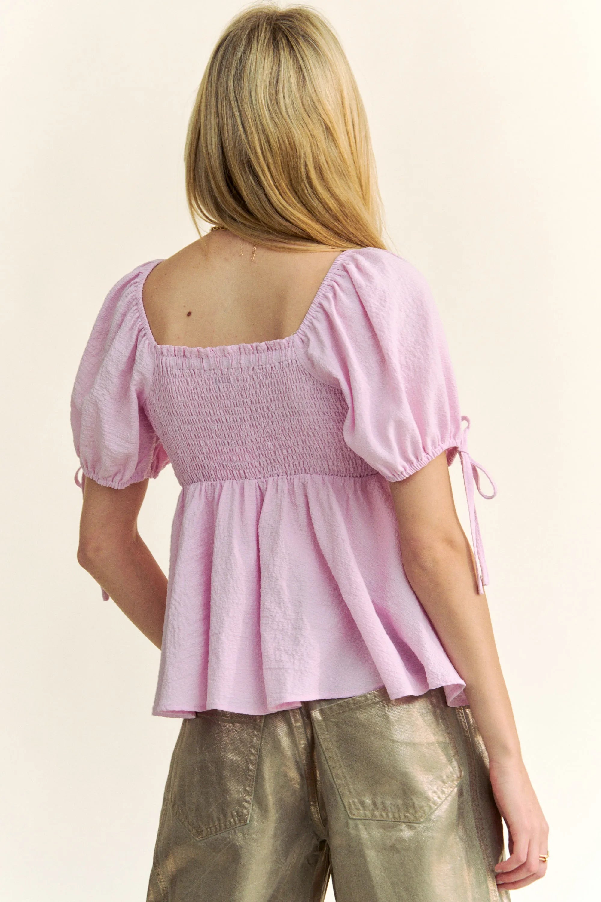 Davi & Dani Solid Elastic Peplum Puffed Sleeves Blouse - BABY PINK / S