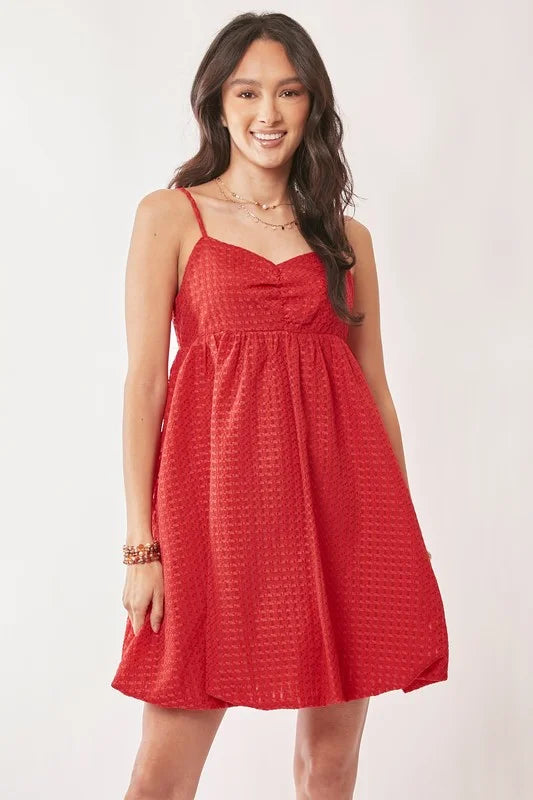 Davi & Dani Textured Sweetheart Neckline Bubble Hem Dress - Red / S